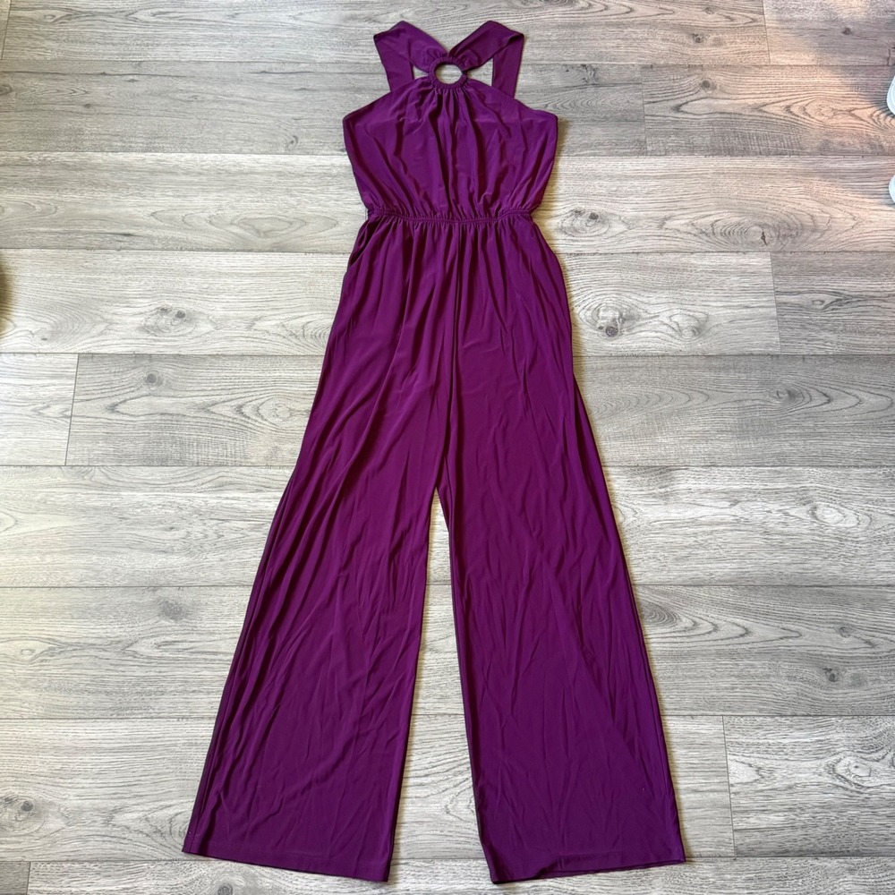 Kaileigh Purple O-Ring Halter Wide Leg Jumpsuit Small J3651